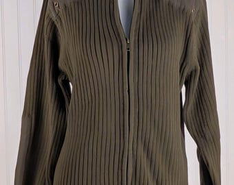 Vintage Hampshire Olive Green Full-Zip Commando Sweater Ribbed Knit L
