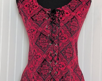 Vintage Morbid Threads Red Black Gothic Cross Brocade Lace Up Corset Vest Top XL