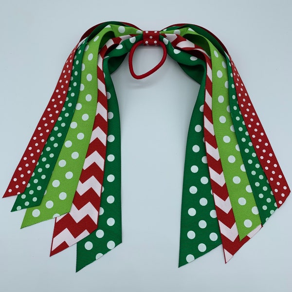 Christmas Hair Streamer, Red and Green Hair Streamer, Ponytail Holder, Chevron Hair Streamer, Christmas Hair Bow, Ponytail Streamer