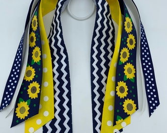 Sunflower Hairtie, Sunflower Hair Tie, Ponytail Holder, Hair Streamer, Sunflower Bow, Ponytail Streamer, Navy and Yellow