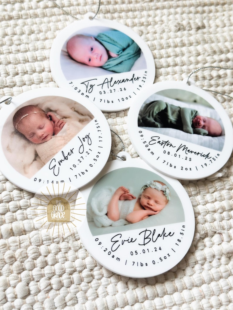 Newborn Birth Announcement Ornament | Newborn Ornament | Baby's 1st Christmas | Custom Photo Ornament | Birth Stat Ornament image 1
