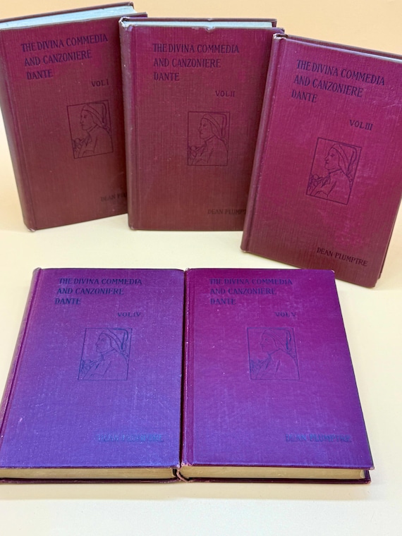 Dante The Divine Commedia and Canzoniere Tranlator E.H. Plumptre in 5 volumes 1907 Heath Publishing Epic Poems Poetry books rare book gifts
