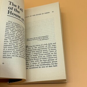 May include: An open book displaying the title "The Fall of the House of Usher" in black text. The pages are off-white, with further text and a French quote. The background is a light orange.