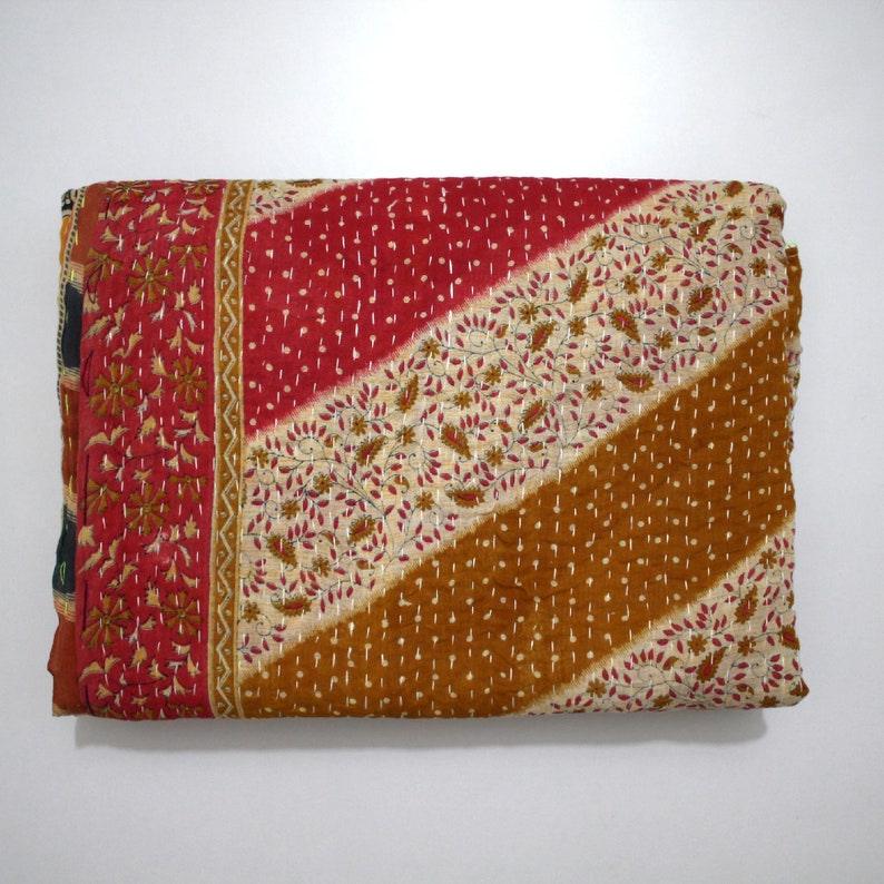 Indian Handmade Twin Size Reversible Floral Cotton Quilt Throw Embroidered Bohemian BedSpread Gypsy Blanket Ethnic Bedding Coverlet J095