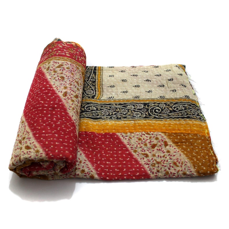 Indian Handmade Twin Size Reversible Floral Cotton Quilt Throw Embroidered Bohemian BedSpread Gypsy Blanket Ethnic Bedding Coverlet J095