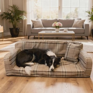 Oatmeal Dog Sofa Bed – Soft Pet Settee for Dogs & Cats, 3 Sizes Small to Large, Neutral Oatmeal Fabric, Foam Filled Sofa, Cosy Raised Sides