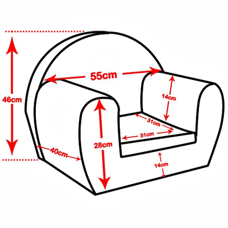 Puede incluir: Un dibujo en blanco y negro de un sill&oacute;n infantil con medidas en cent&iacute;metros. El sill&oacute;n tiene 55 cm de ancho, 46 cm de alto y 40 cm de profundidad. El asiento tiene 31 cm de ancho y 28 cm de profundidad.