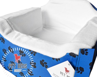 Dog Car Booster Seat – Safety Travel Basket, Small 32 x 42 x 42, Blue Paws Fabric, Soft Padded Pet Seat, Secure Straps, Protects Car Seats