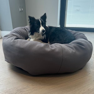 May include: A black and white border collie dog relaxing in a grey dog bed. The bed is round and has a soft, plush fabric.