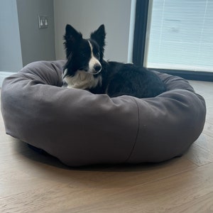 May include: A black and white border collie dog relaxing in a grey dog bed. The bed is round and has a soft, plush fabric.