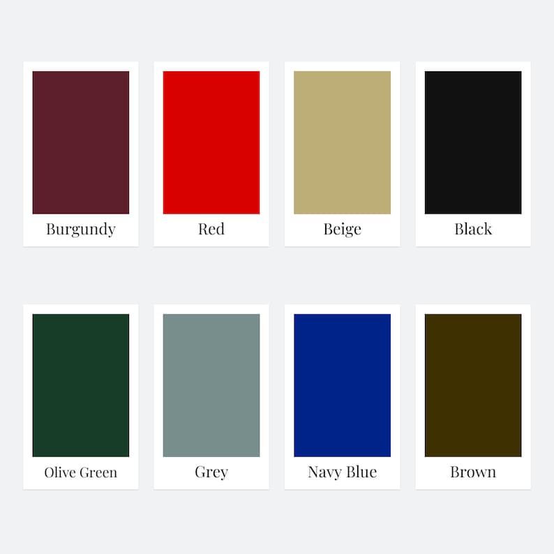 May include: A color palette featuring eight rectangular swatches. Colors include burgundy, red, beige, black, olive green, grey, navy blue, and brown. Each swatch has a corresponding color name printed below it.