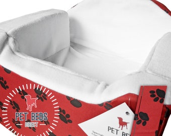 Dog Car Booster Seat – Small 32x42x42 cm, Red Paws Fabric, Safety Travel Basket for Puppies & Small Dogs, Soft Padded Car Bed, Secure Straps