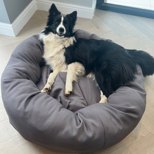 May include: A black and white border collie dog lying in a grey dog bed. The dog bed is round and has a raised edge.