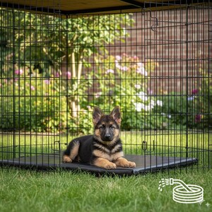 May include: A black metal dog crate with a black mat inside. A young German Shepherd puppy with black and tan fur is lying on the mat. The crate is on a green lawn, with a garden and brick wall in the background.