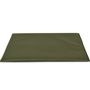 May include: An olive green rectangular pet bed, with a simple, minimalist design. The bed is made of a solid, textured fabric and is designed to provide a comfortable resting place for a pet. The bed is shown against a white background.