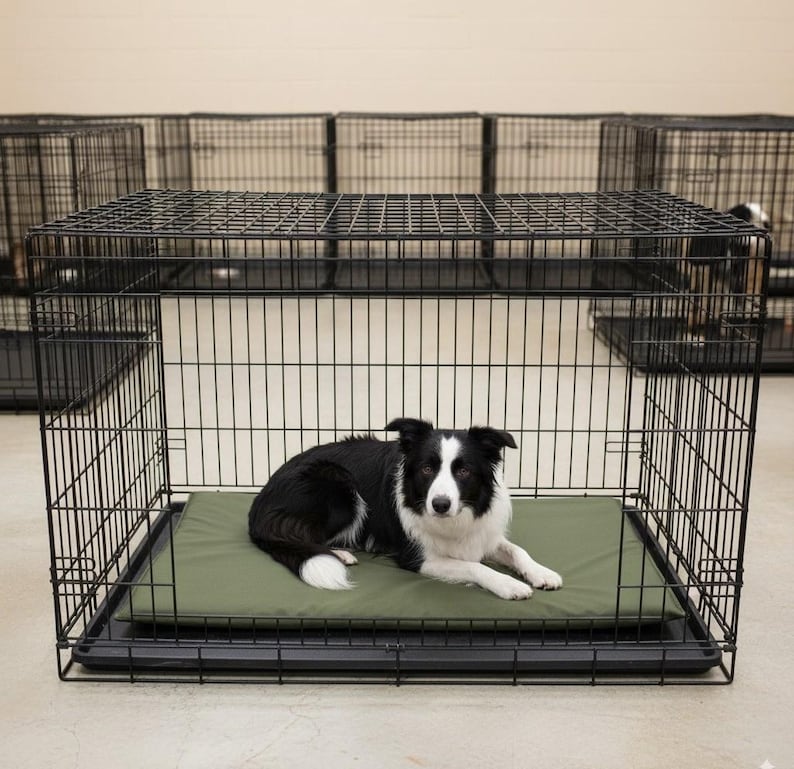 May include: A black wire dog crate with a black and white dog lying on a green bed inside. Several other crates are visible in the background. The dog is a Border Collie.