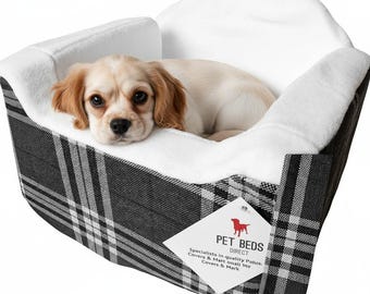 Medium Dog Car Booster Seat – Charcoal Tartan Travel Bed, Padded Secure Straps