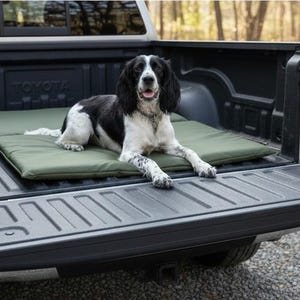 May include: A black and white dog rests on a green dog bed inside the bed of a Toyota pickup truck. The truck bed is open, and the dog is looking at the camera. The dog bed is rectangular and appears to be made of a durable material.