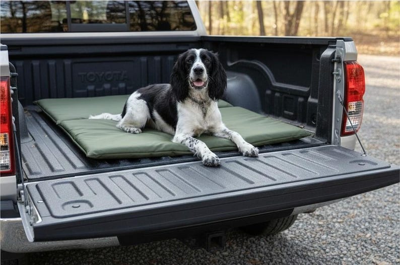 May include: A black and white dog rests on a green dog bed inside the bed of a Toyota pickup truck. The truck bed is open, and the dog is looking at the camera. The dog bed is rectangular and appears to be made of a durable material.