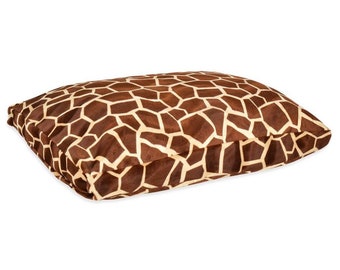 Animal Print Cushion Dog Bed – Giraffe Faux Fur Pet Mattress, 2 Sizes Small & Medium, Soft Supportive Pad, Stylish Brown Design, Made in UK