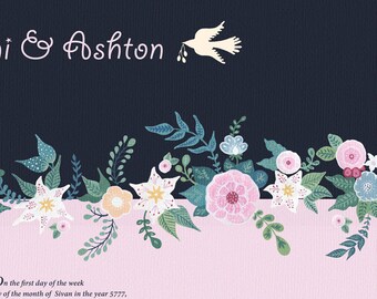 May include: A wedding invitation with a floral border and a dove with an olive branch. The invitation reads "■i & Ashton" and includes the date of the wedding: "On the first day of the week of the month of Sivan in the year 5777, third day of the month of May in the year 2017, in the presence of family and friends."