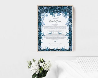 Rimon Vintage Ketubah - Interfaith Marriage Contract, Custom handmade Hebrew English Ketubah, Floral Ketubah, Blue Ketubah