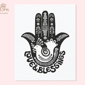 Liebe und Segen - Schriftzug Art - Blessings Druck - Spirituelles Geschenk - Böser Blick - Schützende Hand Hamsa - Hand der Fatima - Geschenk für Freund