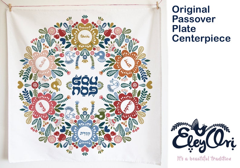 May include: A white fabric Passover Seder plate with a floral design in shades of red, blue, green, and yellow. The center of the plate features the Hebrew words "Kadesh, Urchatz, Motzi,  Maftzir,  Rachtzah,  Motzi,  Mazkir,  Birkat Hamazon" in blue lettering. The plate is surrounded by a wreath of flowers and leaves.