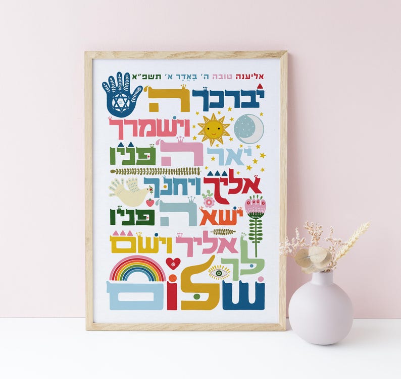 Puede incluir: Una impresi&oacute;n art&iacute;stica enmarcada con texto e ilustraciones hebreas coloridas. El dise&ntilde;o incluye una mano, un sol, una luna, un arco&iacute;ris y elementos florales. El texto es de varios colores, sobre un fondo blanco.