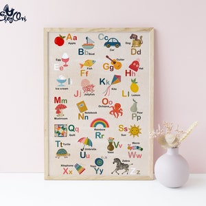 Póster del alfabeto de estilo vintage, arte de pared con el alfabeto, decoración de habitación infantil, decoración de pared de guardería de estilo vintage, regalo de baby shower