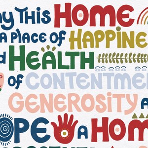 May include: A colorful print with the text "May this home be a place of happiness and health, of contentment, generosity and hope, a home". The print features a rainbow, a flower, a hand, and geometric shapes.