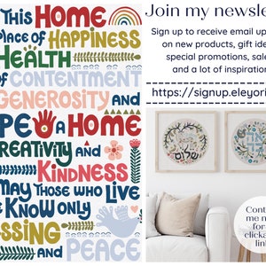 May include: A colorful printable wall art design with the text "May this home be a place of happiness and health, of contentment, generosity and hope, a home of creativity and kindness. May those who live here know only blessing and peace." The design features a rainbow, flowers, and other decorative elements.