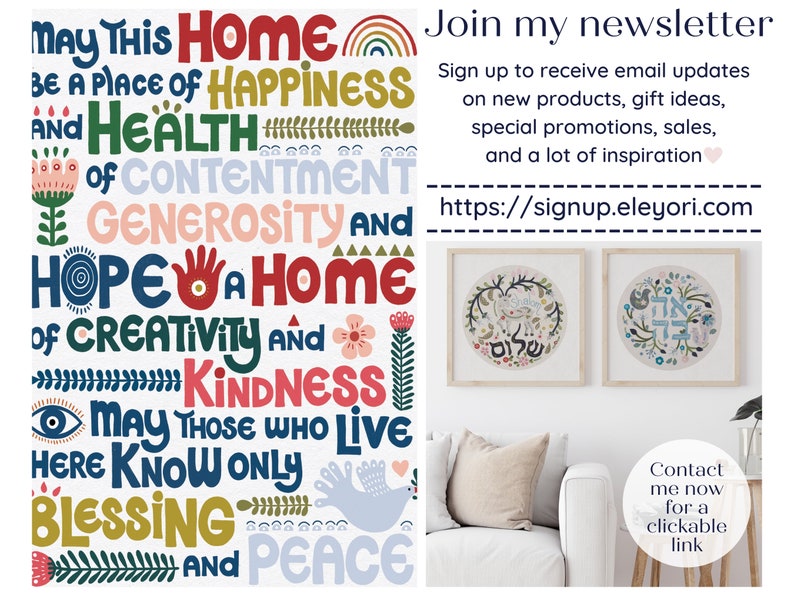 May include: A colorful printable wall art design with the text "May this home be a place of happiness and health, of contentment, generosity and hope, a home of creativity and kindness. May those who live here know only blessing and peace." The design features a rainbow, flowers, and other decorative elements.