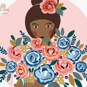 May include: A woman with brown hair and skin, wearing a floral crown, holds a bouquet of blue, pink, and orange flowers. The background is a light pink circle with the text "Eley & Lori It's a beautiful tradition".