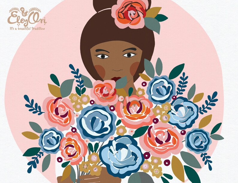 May include: A woman with brown hair and skin, wearing a floral crown, holds a bouquet of blue, pink, and orange flowers. The background is a light pink circle with the text "Eley & Lori It's a beautiful tradition".