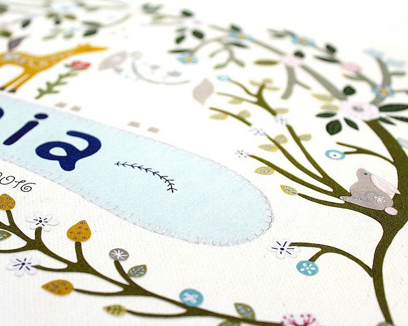 May include: A white background with a blue and white banner that says "Olivia" with a small green vine design. The banner is surrounded by a green tree with brown branches and leaves, yellow and white flowers, and a small gray rabbit sitting on a branch.