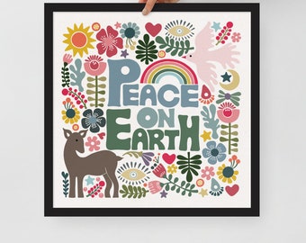 Peace on Earth Art Framed Art ready to Hang, Family Home Decor Wall Sign gift for family and friends, Inspirational Illustration for Kids.