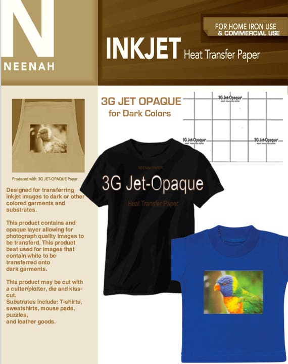 Heat Transfer Paper Sample Pack 5 Sheets of 3G Jet Opaque for Dark Colors &  5 Sheets of Jetpro for Light Colors 