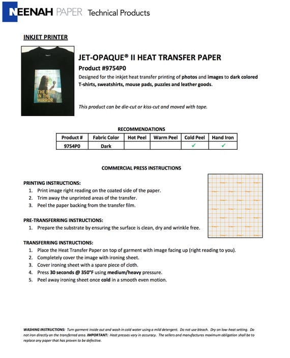 Neenah Jet Opaque II Inkjet Heat Transfer Paper for Dark Colors 8.5x11 (10  sheets)