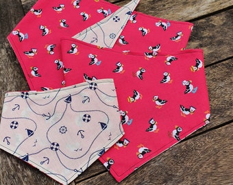 Bella and Barns Summer Nautical Cerise Puffin Dog Bandana, Tie Up, Great Gift