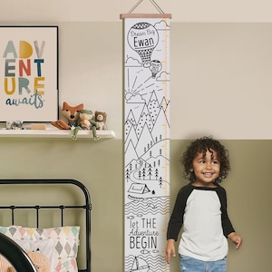Personalisierte Monochrome Bergabenteuer Leinwand Maß Messlatte, Wachstumstabelle für Kinder, Wandbehang, Heißluftballon, in Fuß, Zoll und cm