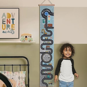 Gepersonaliseerde transportwegenkaart canvas hoogtegrafiek, groeimeter voor kinderen, wanddecoratie kinderkamer, in feet, inches en cm