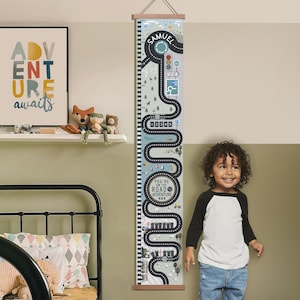 Gepersonaliseerde avonturenkaart bergwegen op canvas hoogtetabel, groeimeter voor kinderen, kinderkamerdecoratie, wanddecoratie, in cm of feet en inches