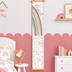 Personalised Pastel or Bright Rainbow Canvas Height Chart, growth chart, wall hanging, hearts or stars in inches & cm's