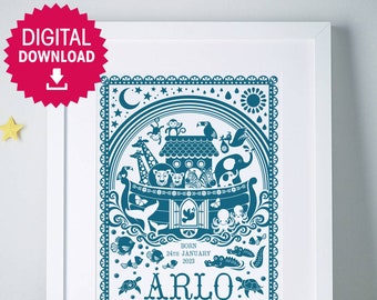 DIGITAL DOWNLOAD Personalised Printable Christening  Noah's Ark print, New Baby, Baptism gift.