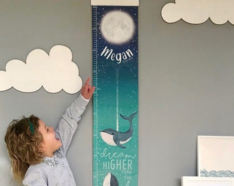 Personalised Dream Deeper than the Ocean Whale Canvas Height growth chart, Kid's wall hanging, in feet, inches & cms