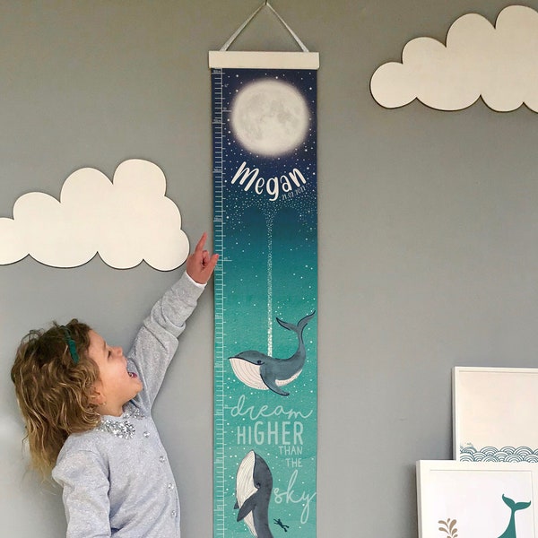 Personalised Dream Deeper than the Ocean Whale Canvas Height growth chart, Kid's wall hanging, in feet, inches & cms