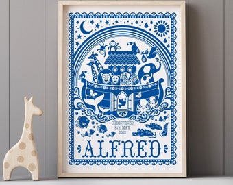 Personalised New Baby Noah's Ark print, christening, baptism gift, 1st birthday gift, framed or unframed