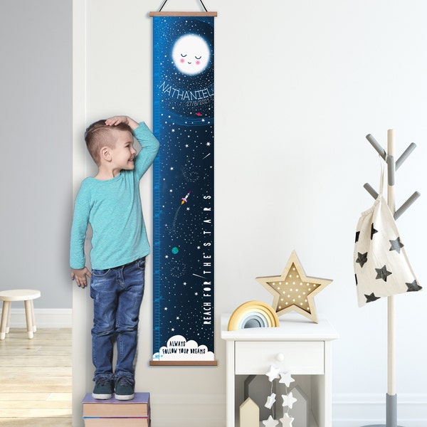 Personalised Reach for the Stars Moon Space Canvas Height Growth chart, Kid's wall hanging nursery decor in feet, inches & cm's