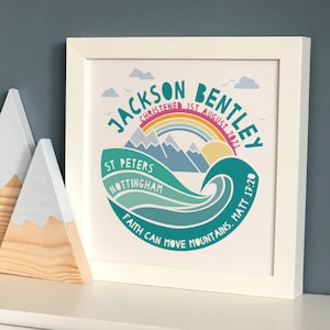 Christening Mountain Adventure Personalised Print Gift, Baptism, Naming Day, Dedication, New Baby newborn Gift, Framed or Unframed